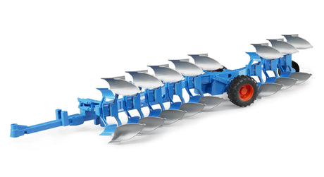 A blue and silver Bruder Lemken Vari-Titan plough toy with folded blade sections and black wheels on a plain white background.