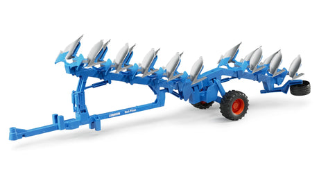 A blue and silver Bruder Lemken Vari-Titan plough toy with raised blade sections and black wheels on a plain white background.