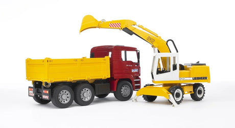 Bruder MAN TGA construction truck in red with yellow tipper body beside a Liebherr excavator in yellow with raised arm