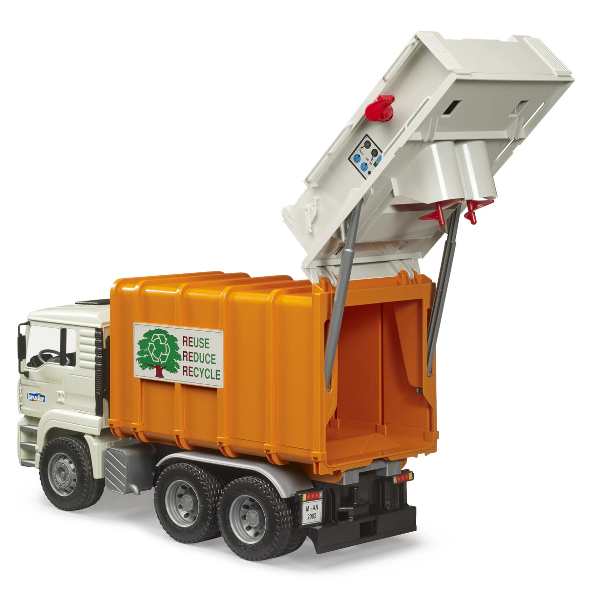 Bruder Man TGA rear loading garbage truck with the rear container raised open behind the cab on a white background.