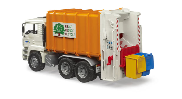 Bruder Man TGA rear loading garbage truck with the rear section open and two bins attached at the back on a white background.