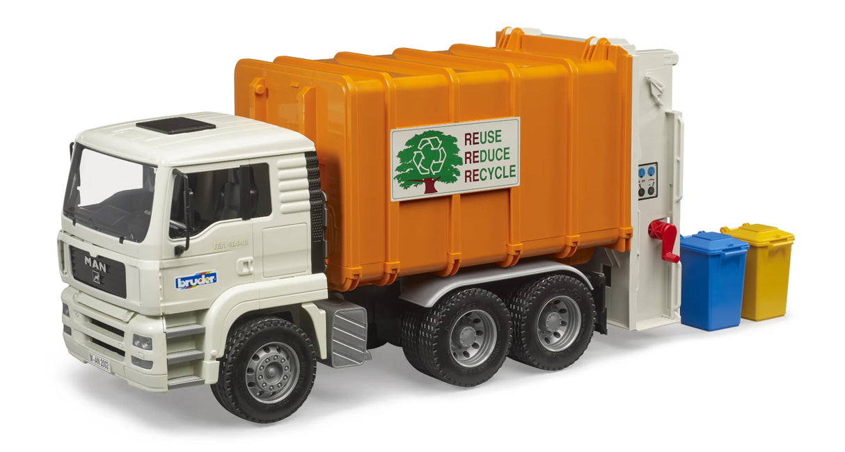 Bruder Man TGA rear loading garbage truck with white cab, orange refuse body and two bins beside the rear on a white background.