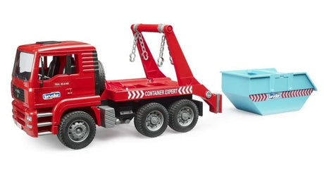 Bruder MAN TGA Skip Loader 2741 with light blue skip container fully detached beside the truck