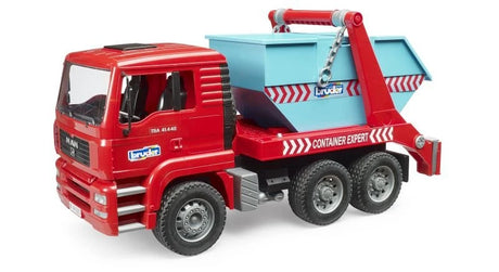 Bruder MAN TGA Skip Loader 2741 red toy truck with light blue skip container loaded on hook arm