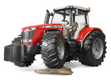 Red Massey Ferguson 7624 farm toy tractor showing front weight, cab and tread tyres