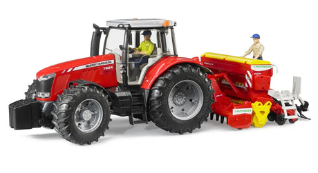 Red Massey Ferguson 7624 farm toy tractor shown with rear attachment and two figures