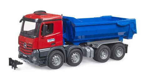 Side view of Bruder Mercedes Benz Arocs Half Pipe Dump Truck showing detailed chassis and blue half pipe bed.