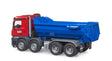 Bruder Mercedes Benz Arocs Half Pipe Dump Truck with red cab and blue tipping bed on white background.