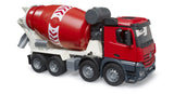 Bruder Mercedes Benz Arocs cement mixer truck showing red cab, mixer drum with Bruder logo, grey ladder, and folded discharge chute