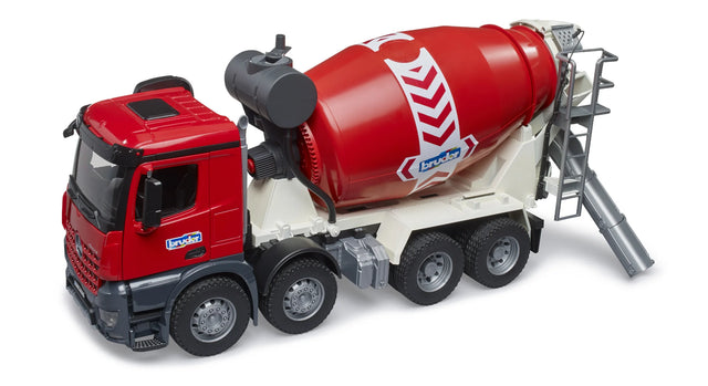 Bruder Mercedes Benz Arocs cement mixer truck with red cab, rotating red mixer drum, grey chassis and wheels on a white background