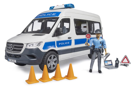 Bruder Mercedes-Benz Sprinter police emergency vehicle from the front with police officer, warning sign and traffic cones