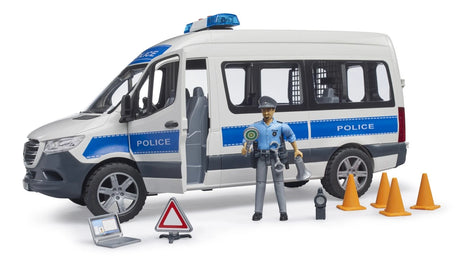 Bruder Mercedes-Benz Sprinter police emergency vehicle with front door open, police officer, warning sign and traffic cones