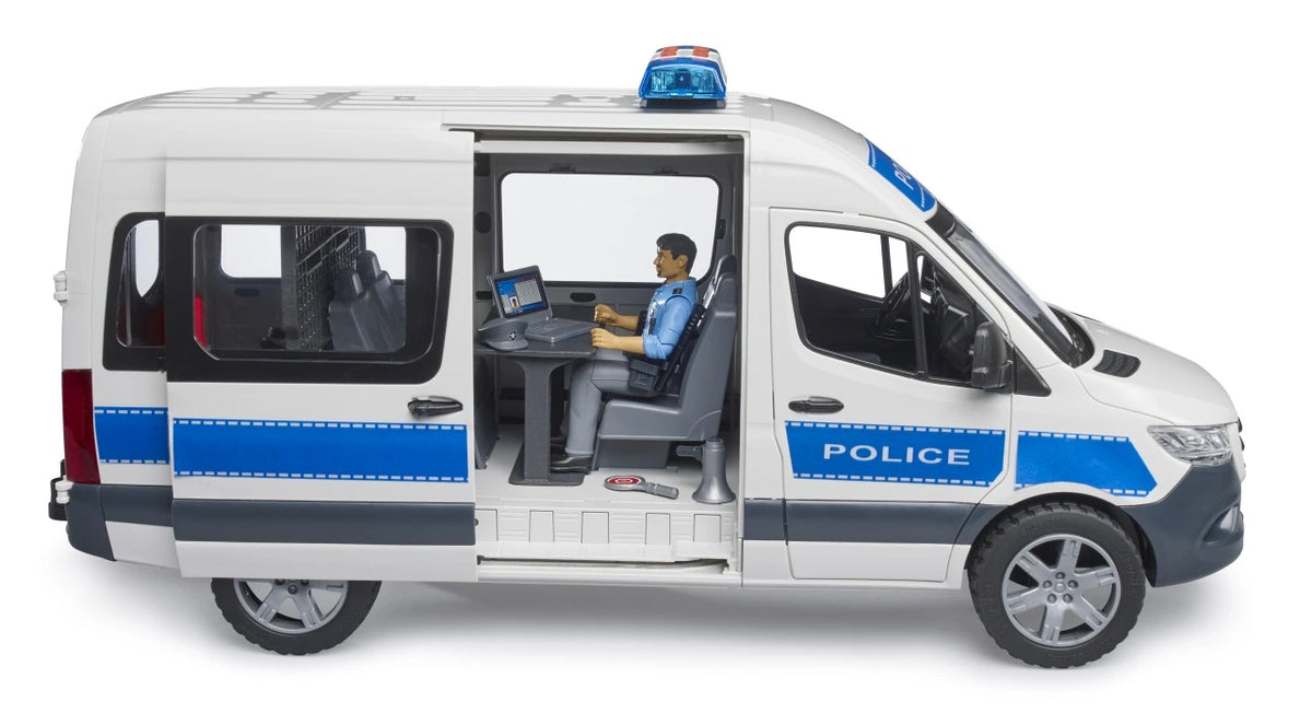 Bruder Mercedes-Benz Sprinter police emergency vehicle with sliding side door open and seated police figure