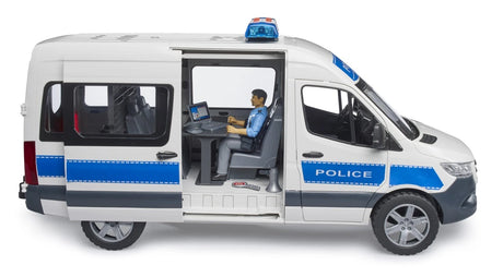 Bruder Mercedes-Benz Sprinter police emergency vehicle with sliding side door open and seated police figure