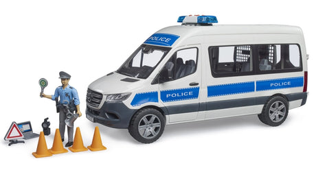 Bruder Mercedes-Benz Sprinter police emergency vehicle with police officer, warning sign and traffic cones