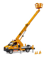 Mercedes Benz Sprinter work platform truck with fully raised boom and safety basket, stabiliser legs and cones on white background