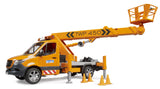 Mercedes Benz Sprinter work platform truck in orange with extended boom arm, stabiliser legs and safety cones on white background