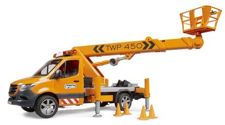 Mercedes Benz Sprinter work platform truck in orange with extended boom arm, stabiliser legs and safety cones on white background