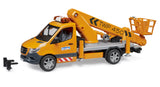Mercedes Benz Sprinter work platform vehicle in orange with folded lifting arm, stabilisers deployed and detailed cab on white background