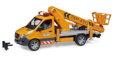 Mercedes Benz Sprinter work platform vehicle in orange with folded lifting arm, stabilisers deployed and detailed cab on white background