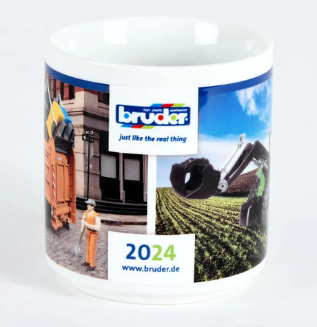 A ceramic Bruder mug showing artwork of an orange refuse truck scene on one side and a green tractor with a front loader on the other, and 2024 year with Bruder logo.