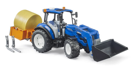 Blue farm toy tractor with front loader, rear bale attachment, forks and round bale