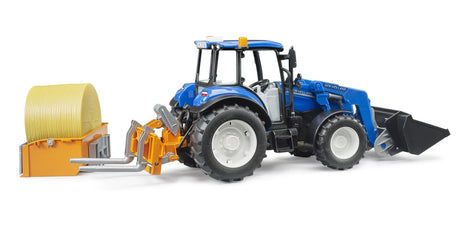 Blue farm toy tractor with rear bale attachment, forks and round bale