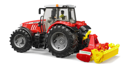 A red Bruder tractor with large black tyres towing the red and yellow Pöttinger Lion 3002 rotary harrow toy on a white background.