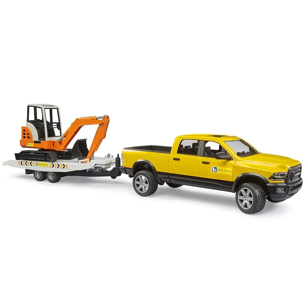 Yellow pickup truck towing a grey trailer carrying an orange tracked mini excavator with black cab frame on a white background.
