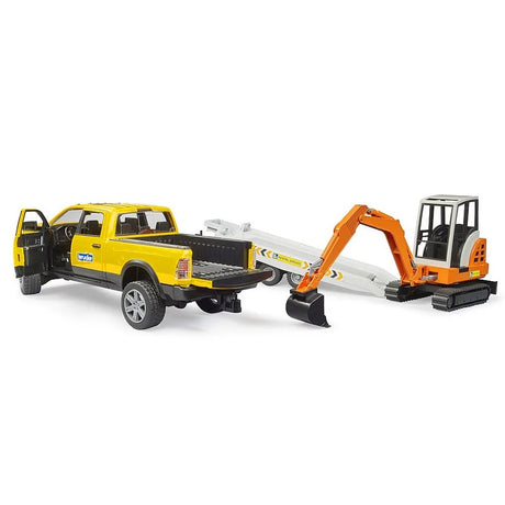 Yellow pickup truck with the left door open and tailgate down, grey trailer behind, orange tracked mini excavator beside the trailer on a white background.