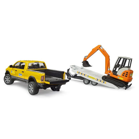Yellow pickup truck with tailgate down attached to a grey trailer, orange tracked mini excavator positioned beside the trailer on a white background.