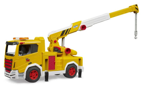 Bruder ROADMAX crane truck with extended crane arm, hanging hook and stabiliser leg lowered