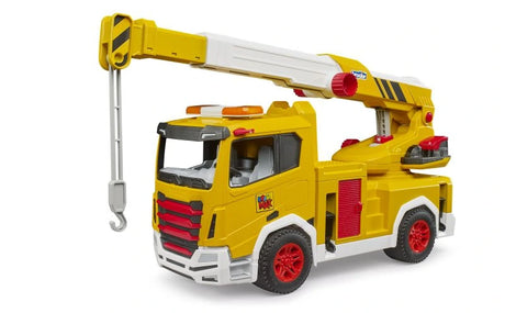 Bruder ROADMAX crane truck from the opposite side with raised crane arm and hanging hook