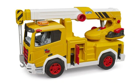 Bruder ROADMAX crane truck with side compartment open and folded crane arm
