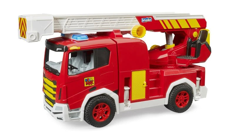 Bruder Roadmax fire truck with ladder lowered along the top