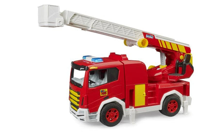 Bruder Roadmax fire truck with ladder raised above the red vehicle