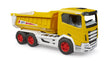 Roadmax tipper truck in yellow with white chassis and red wheels, fixed cab and tipper body lowered on a white background