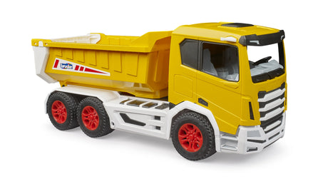 Roadmax tipper truck in yellow with white chassis and red wheels, fixed cab and tipper body lowered on a white background