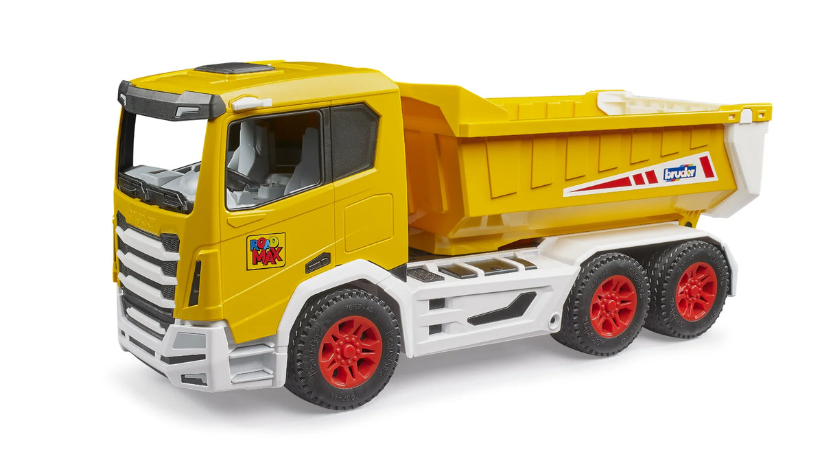 Roadmax tipper truck in yellow with white chassis and red wheels, enclosed cab viewed from the right side on a white background