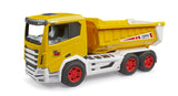 Roadmax tipper truck in yellow with white chassis and red wheels, enclosed cab viewed from the right side on a white background