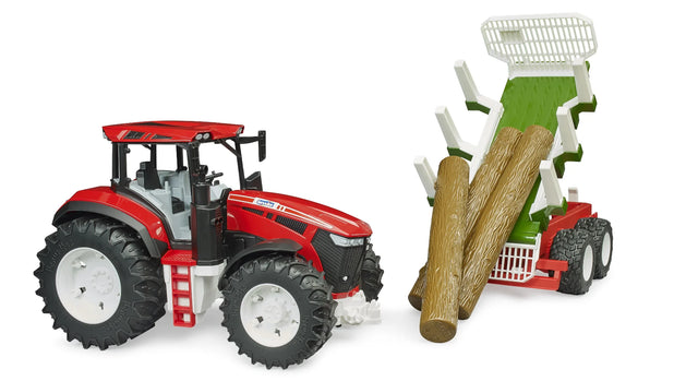 Red Roadmax tractor beside a green forestry trailer tipped upward with three brown tree trunk pieces sliding from the load bed on a white background.