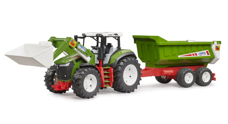 Bruder 1:16 Roadmax tractor farm toy with front loader and tipping trailer angled front view
