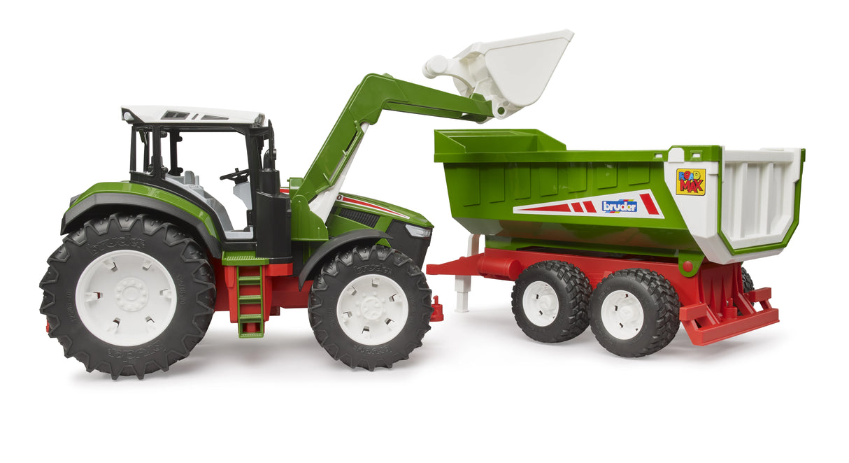 Bruder 1:16 Roadmax tractor farm toy left profile with raised front loader and tipping trailer