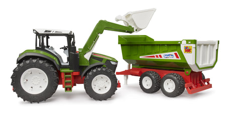 Bruder 1:16 Roadmax tractor farm toy left profile with raised front loader and tipping trailer