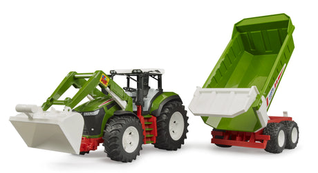 Bruder 1:16 Roadmax tractor farm toy with the tipping trailer raised and rear gate open