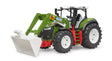 Bruder Roadmax tractor with green body, white roof, white front loader bucket, black frame and large tread tyres on a white background.