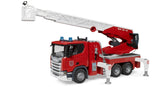 Bruder Scania Super 560R fire engine, red truck with white ladder, blue roof lights, stabilisers down, white background