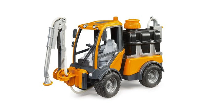 Bruder 1:16 VarioCar Green Area Irrigation 02692 orange municipal watering vehicle with black rear water tank and upright front sprinkler arm.