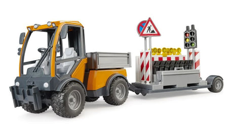 Bruder 1:16 VarioCar 02693 opposite side view with the road safety trailer loaded with barriers, warning lights and traffic signs