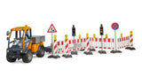 Bruder 1:16 VarioCar 02693 beside a roadworks layout with barrier fences, traffic lights, warning posts and road signs